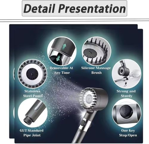 High Pressurized Filter Shower Head 3-mode Adjustable Spray with Massage Brush Rain Faucet Bathroom Accessories