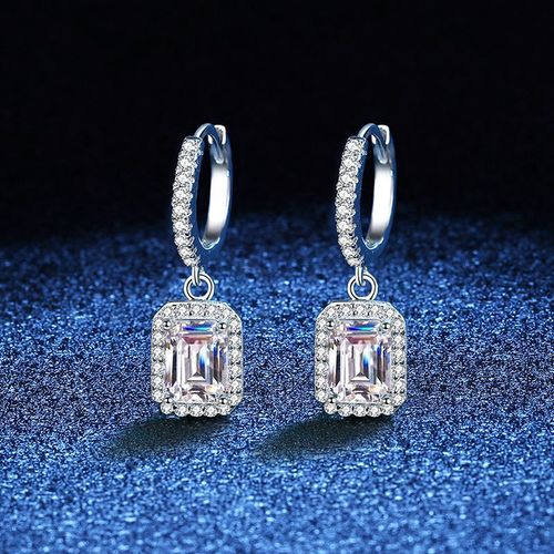 Moissanite stud earring for women, S925 pure silver earrings plated with platinum, emerald-cut Morganite earrings