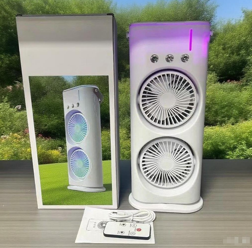 Portable Rechargeable Misting Desk Fan with Remote | Double-Headed Cooling Table Fan
