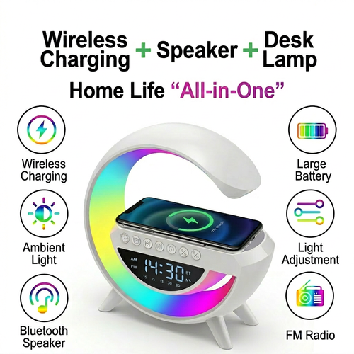 5-in-1 G-Shape Bluetooth Speaker, 15W Wireless Charger & RGB Night Light Alarm Clock