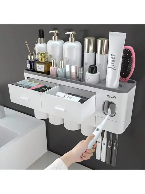 Toothbrush Holder Wall Mounted No-Drill – 2-In-1 Bathroom Organizer With Toothpaste Squeezer & Storage Rack