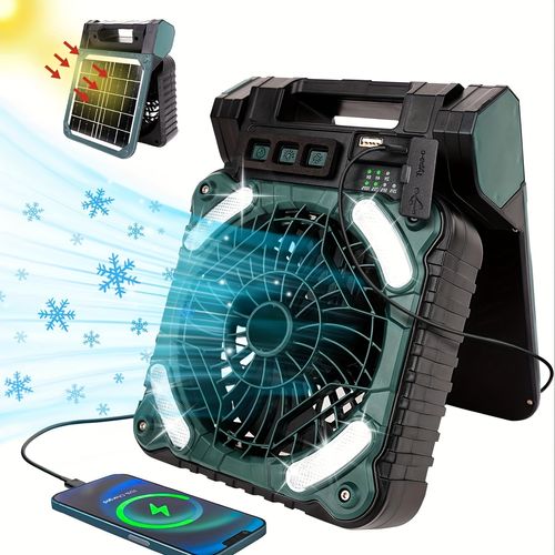 Portable Solar Rechargeable Fan, 5200 MAh Type-C Charging 4 Speeds Adjustable Brushless With Solar Motor And LED Timer For Camping