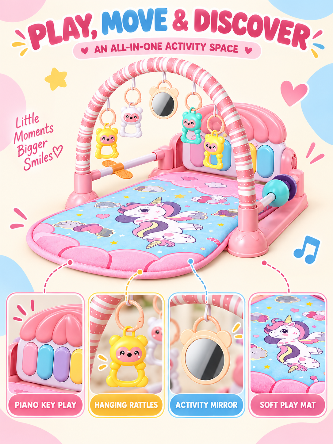 Pink baby piano gym features