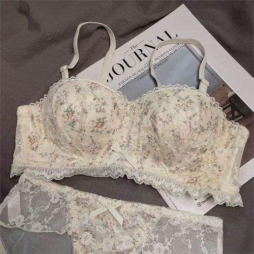 French pastoral floral lace underwear women's thin style without steel ring large chest small chest push up anti-sagging bra set