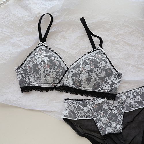 French pastoral floral lace underwear women's thin style without steel ring large chest small chest push up anti-sagging bra set
