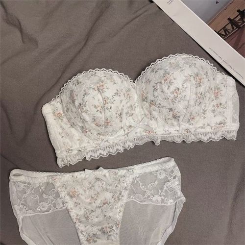French pastoral floral lace underwear women's thin style without steel ring large chest small chest push up anti-sagging bra set