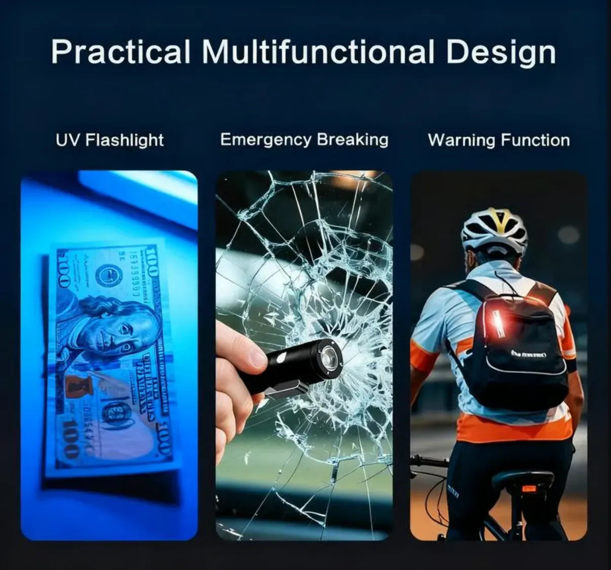 🔦Pocket Rechargeable EDC Flashlight: 500 Lumens Mini Keychain Light with Fire Starter & Window Breaker