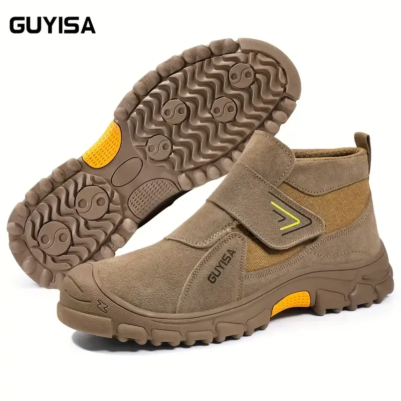 Safety shoes, labor protection shoes, impact-resistant, puncture-resistant, spark-resistant, steel-lined, rubber-soled, round-toed, mid-tube, Velcro, flat-bottomed, welder construction site, four seasons brown