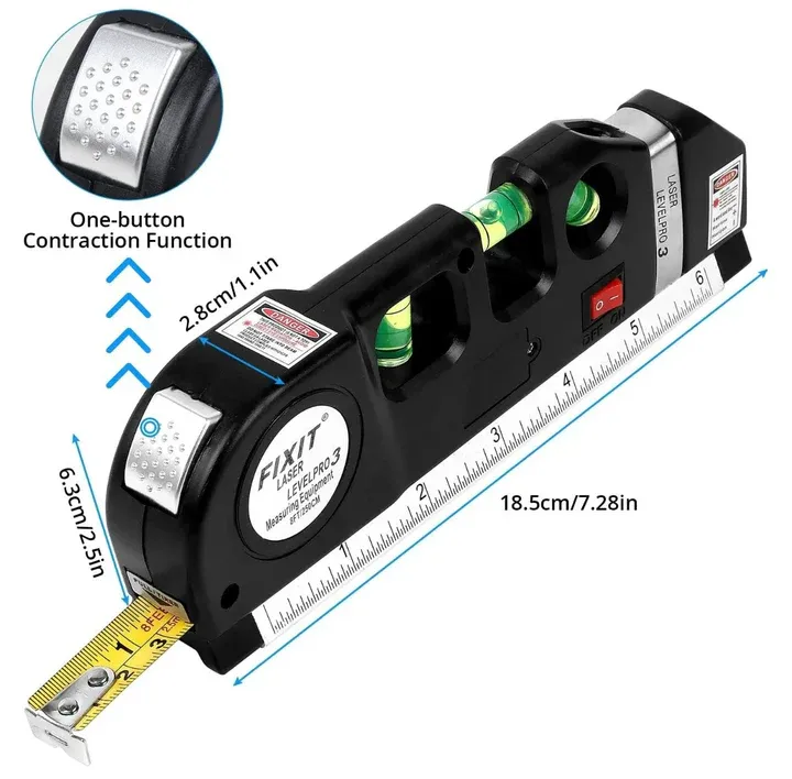 4 in 1 Fixit Laser Level Pro 3 4in1 Multi-Purpose Measuring Tool With 8 Feet Tape