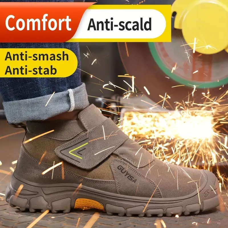 Safety shoes, labor protection shoes, impact-resistant, puncture-resistant, spark-resistant, steel-lined, rubber-soled, round-toed, mid-tube, Velcro, flat-bottomed, welder construction site, four seasons brown