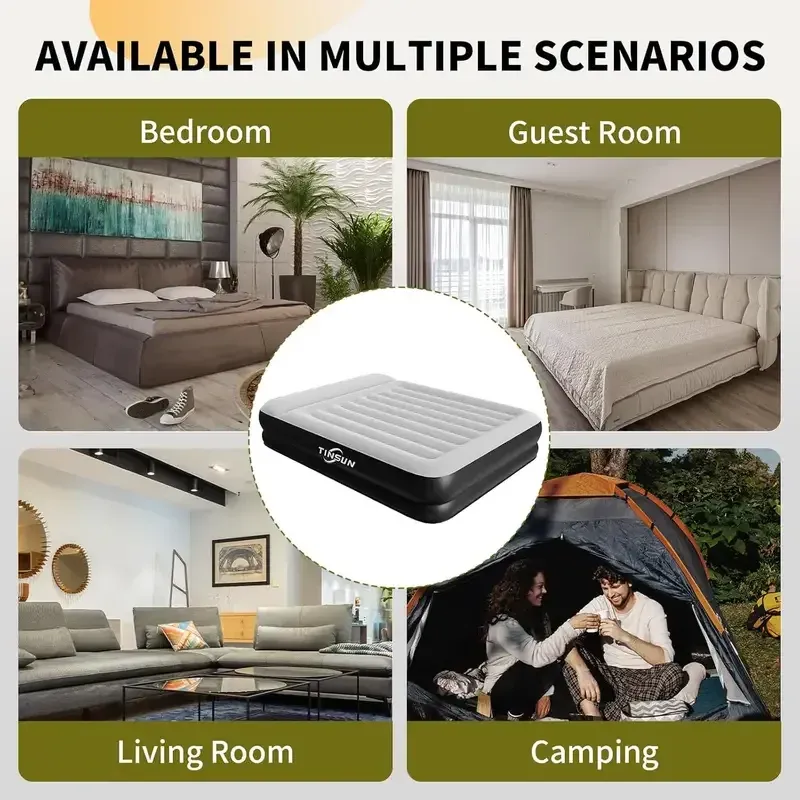 Queen Air Mattress with Built in Pump,Air Bed for Camping,Home&Guests,Fast&Easy Inflation Deflation Airbed,Double Blow up Bed,Travel Cushion (Black)