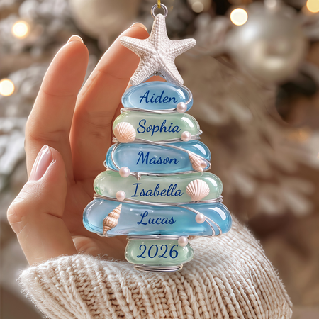 Adorno de encargo del árbol 2026 del vidrio de mar, recuerdo costero personalizado