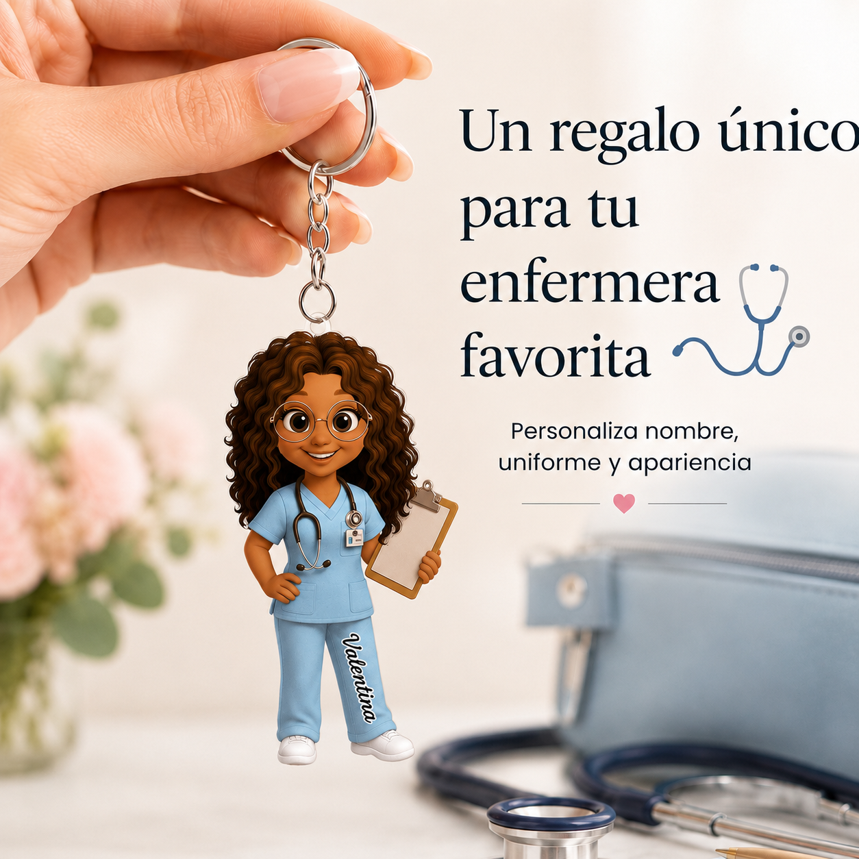 Llavero personalizado de enfermera con nombre y apariencia