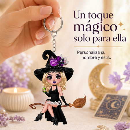 Brujita personalizada en escoba – Llavero místico con nombre, regalo especial para mujeres con alma mágica