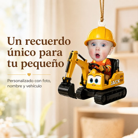 Mi pequeño en su vehículo favorito – Adorno de Navidad personalizado con foto y nombre