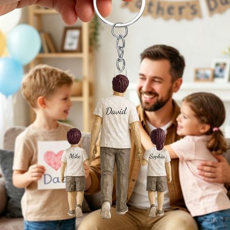 Sentimental rústico papá y niños caminando-llavero de acrílico personalizado-regalo para papá, marido