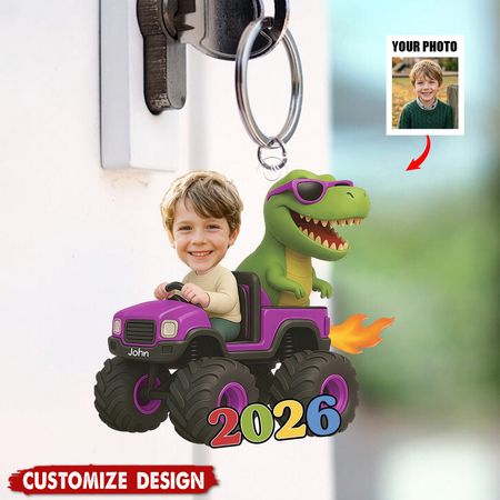 Llavero personalizado del camión del dinosaurio de la foto del niño
