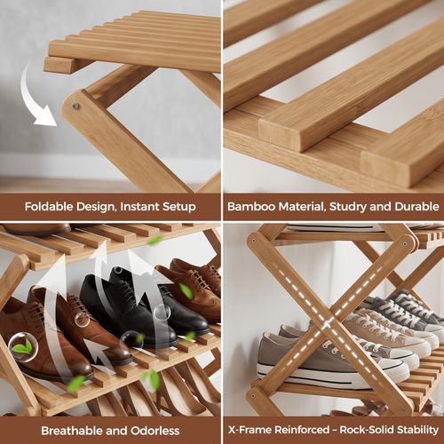 5-Tier Foldable Bamboo Shoe Rack – No-Installation Space Saving Shoe Organizer (85cm High)