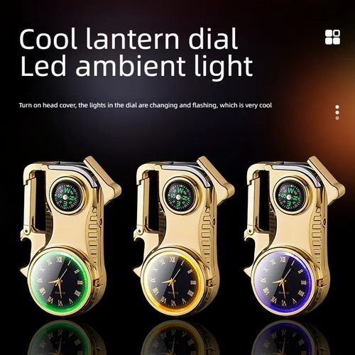 Multi Functional Outdoor Lighter Windproof Red Flame Refillable Lighter With Compass, Clock, Key Chain,Bottle Opener