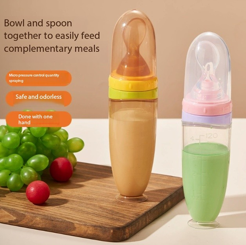 120ml Baby Food Dispenser Squeeze Feeder - Silicone Weaning Spoon with Suction Base