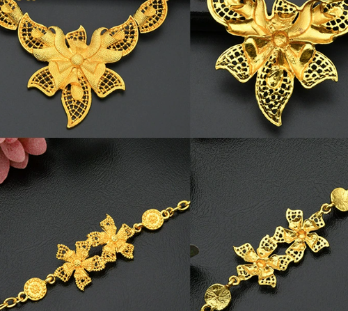 24K Dubai gold jewelry necklace bracelet earrings ring four-piece African women's jewelry set