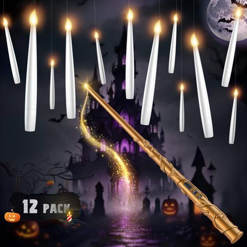 TSINYE Floating Candles with Wand Remote, Flickering Flameless LED Taper Candles for Halloween Decorations Decor