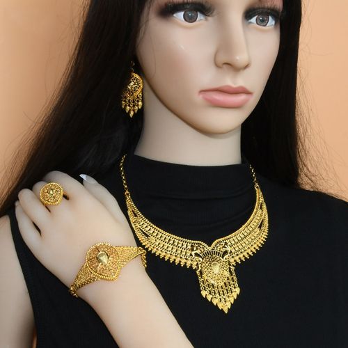24K gold-plated bracelet, earrings, necklace, ring, women's jewelry