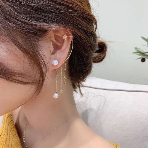 Creative ear clip long tassel pearl asymmetrical star earrings