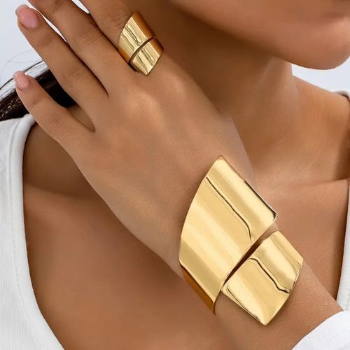 Large irregular geometric wide open ring and bracelet set