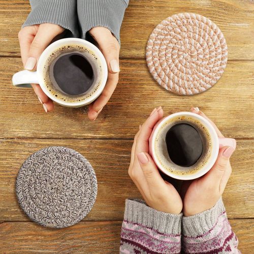 Absorbent Linen Coaster Set with Holder Woven Cup Coaster for Home Decor and Tabletop Protection