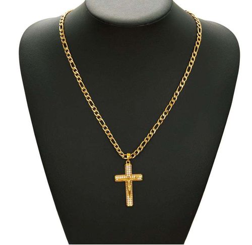 New HipHop 14k Stainless Steel Cross Pendant with Waterproof Gold Plated Rope Chain Poker Playing Cards Necklace for Gift Party