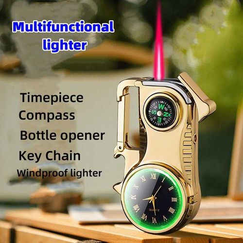 Multi Functional Outdoor Lighter Windproof Red Flame Refillable Lighter With Compass, Clock, Key Chain,Bottle Opener
