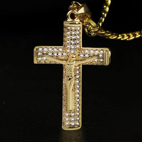 New HipHop 14k Stainless Steel Cross Pendant with Waterproof Gold Plated Rope Chain Poker Playing Cards Necklace for Gift Party