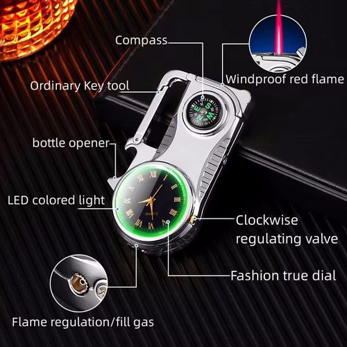 Multi Functional Outdoor Lighter Windproof Red Flame Refillable Lighter With Compass, Clock, Key Chain,Bottle Opener