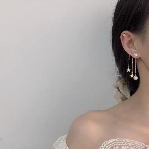 Creative ear clip long tassel pearl asymmetrical star earrings