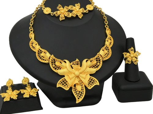 24K Dubai gold jewelry necklace bracelet earrings ring four-piece African women's jewelry set