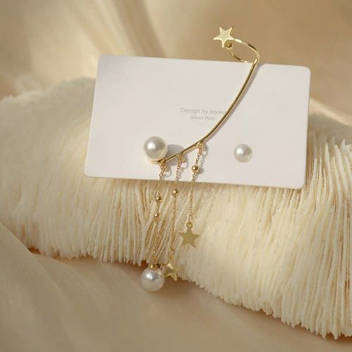 Creative ear clip long tassel pearl asymmetrical star earrings
