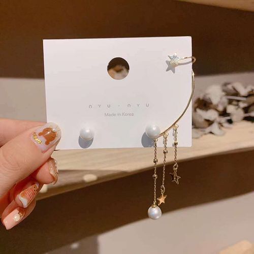 Creative ear clip long tassel pearl asymmetrical star earrings