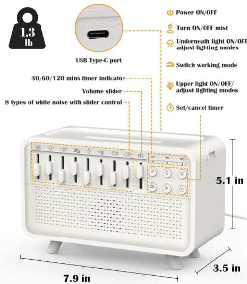 White noise sleep aid, calming and sleep-improving device, aromatherapy humidifier, sleep-aid night light