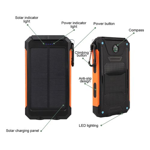 Portable 10000mAh Solar Power Bank Dual LED Flashlights Solar Powered Charger for Travel & Camping