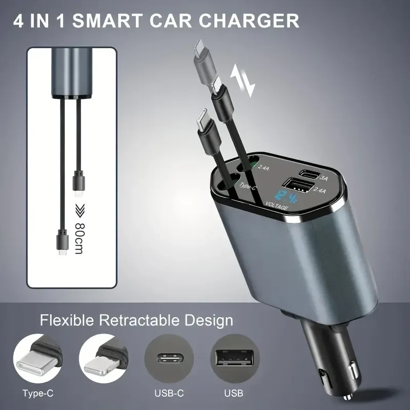 4-in-1 Car Charger for Ghana – Fast Multi-Port USB Charger with Safety Protection