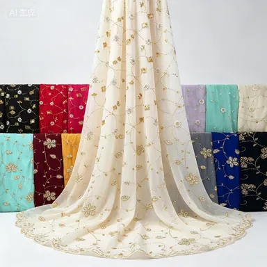 Golden Floral Embroidery Sequins Chiffon African Gele Women Head Wrap Hijab Scarf Many Colors Available