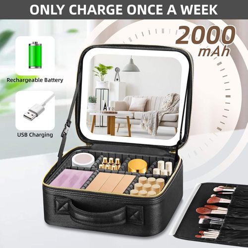 Large Capacity Waterproof PU Leather Travel Makeup Bag with LED Mirror, Soft Grip & Zip Closure