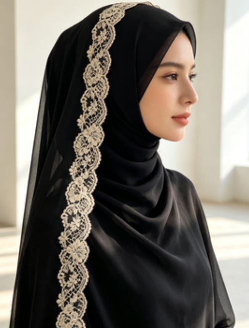 Black Chiffon Hijab with Floral Scalloped Lace Trim Muslim Women Headscarf for Prayer Wedding Party Occasion