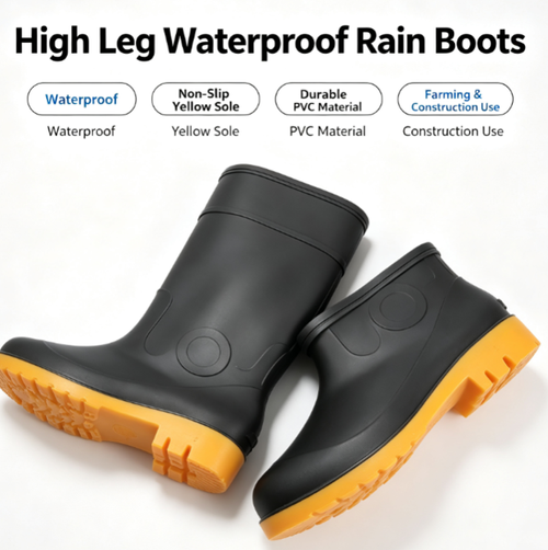 Men's High Cut Waterproof PVC Rain Boots Non Slip Yellow Sole Rubber Work Boots Outdoor Farming Construction Safety Wellington Boots