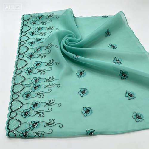 Floral Sequin Embroidery Scalloped Edge Chiffon African Gele Hijab Women Head Wrap Scarf