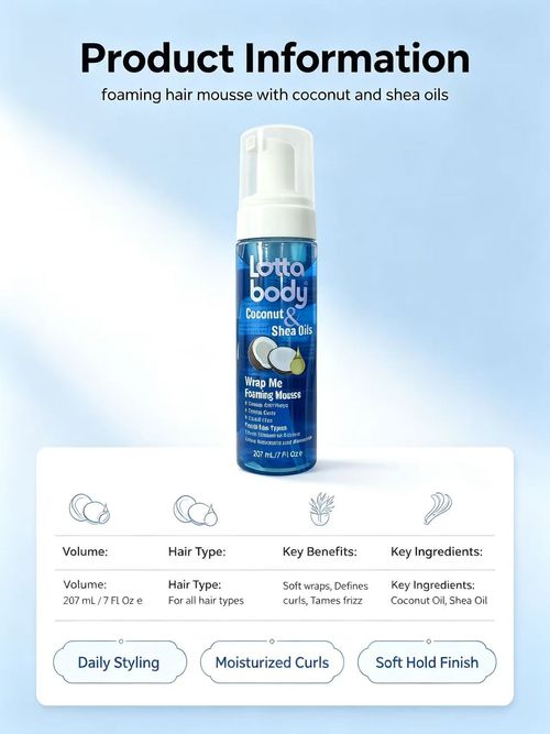 Lotta Body Coconut & Shea Oils Wrap Me Foaming Hair Mousse, 207ml Light Airy Foam Curly Hair Styling Mousse, Soft Hold Anti-Frizz Nourishing Hair Foam, For All Hair Types Wavy Curly Hair