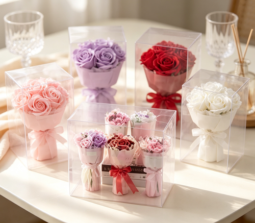 Wholesale Soap Rose Mini Bouquet Clear Square Gift Box Wedding Guest Souvenir Bulk