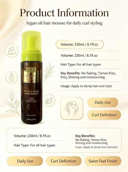 CSCR Argan Oil Style & Shine Hair Mousse, 230ml Light Foam Curly Hair Styling Mousse, Anti-Frizz No Flaking Moisturizing Shine Hair Foam, For All Hair Types Wavy Curly Hair Styling