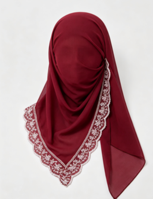 Wine Red Floral Lace Trim Chiffon Hijab Muslim Women Headscarf Scalloped Edge for Prayer Wedding Party